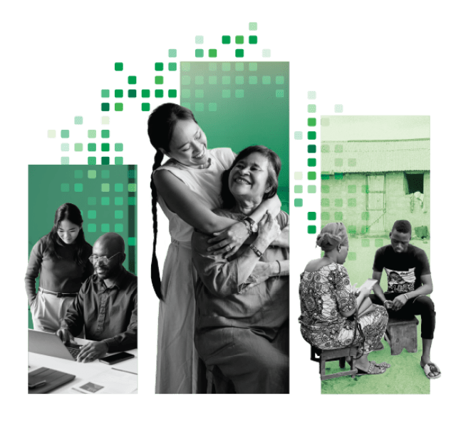 collage with 3 sets of people – one set at a desk, one set hugging and the last set sitting