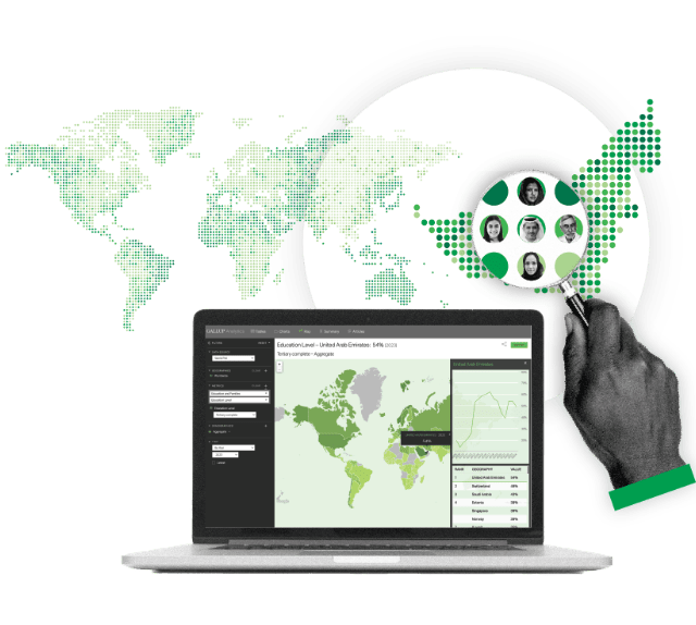 a hand holding a magnifying glass viewing headshots of 5 people zoomed in from a section of the world map, along with a tablet showing the world map and statistics for that area