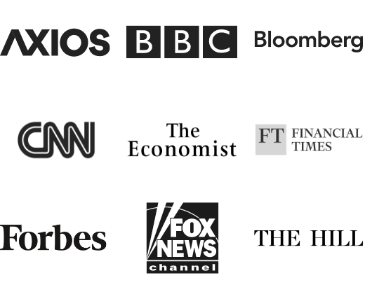 Logos from the following companies: Axios, BBC News, Bloomberg News, CNN, The Economist, Financial Times, Forbes, Fox News, The Hill